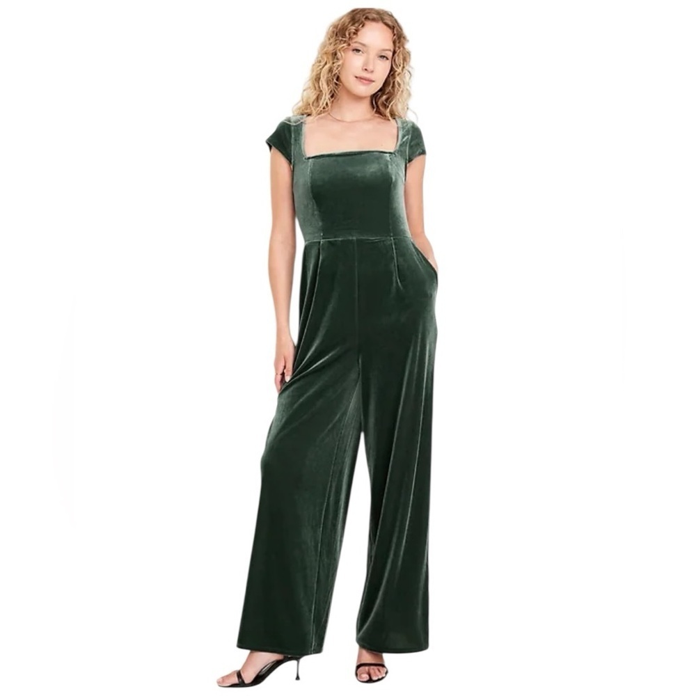 OLD NAVY Jumpsuit Fit & Flare Velvet Square Neck Sleeveless Pockets Green Wmn XL